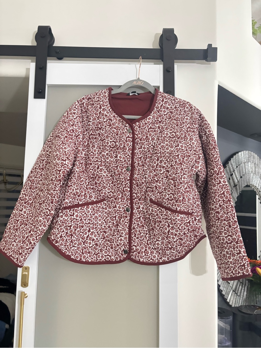 Tahari Quilted Floral-Print Jacket in Wine and Cream